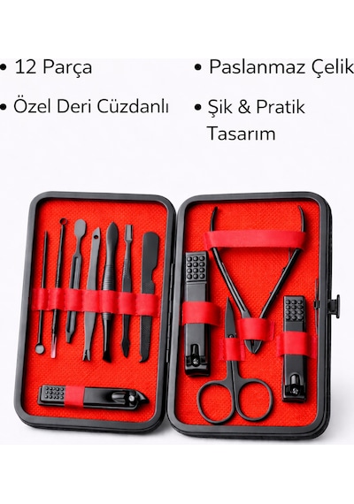 Çantalı Profesyonel Manikür Pedikür Seti,12 Parça,el Ayak Tırnak Bakımı,tırnak Makası,cımbız,makas