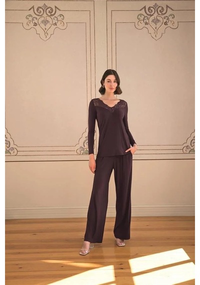 Ang Butik Kadın Uzun Kollu Ve Dantelli Pijama Takımı Mürdüm