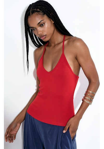 Hiccup Busem Slim Fit Halter Yaka Jarse Bluz Kırmızı