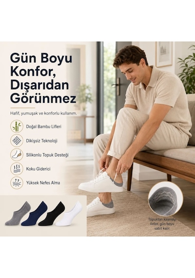 Erkek Bambu 8 Li Babet Çorap Görünmez No Show Dikişsiz Silikon Topuklu Çok Renkli