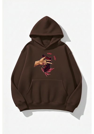Uyguntarz Unisex Yumuşak Dokulu Hav Hav Baskılı Tasarım Oversize 3 İplik Hoodie Sweatshirt Kahverengi