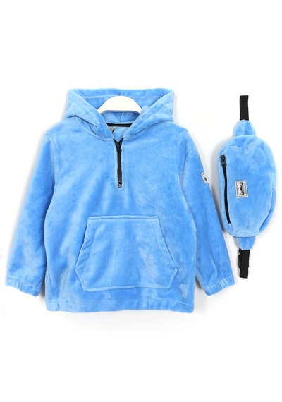 Dobakids Çanta Aksesuarlı Polar Unisex Bebek & Çocuk Kapüşonlu Sweat 1969 Mavi