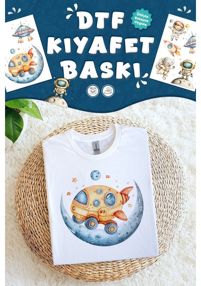 Kumaşa Baskı Yapılabilen Özel Tasarım Ütü Ile Yapışan Tekstil Dtf Baskı Görseli Uzay Temalı Çok Renkli