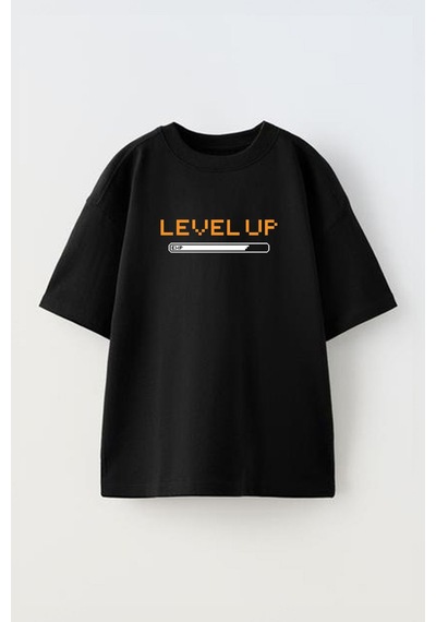 Thewert Unisex Level Up Tasarım Baskılı Pamuk Sıyah Oversize T-shirt Siyah