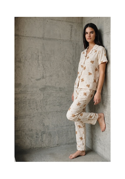 Fit Women V Yaka Düğmeli Casual Kırık Beyaz Pijama Takımı