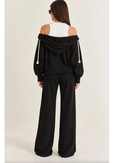 Mevese Kadın V Yaka Sweatshirt, Kolsuz Atlet Ve Yüksek Bel Wide Leg Pantolon Üçlü Spor Şık Takım- Siyah