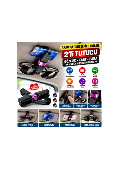 Araç İçi Güneşliğe Takılan 2'li Gözlük,kart,para Takmalık Aparat Açık Mavi