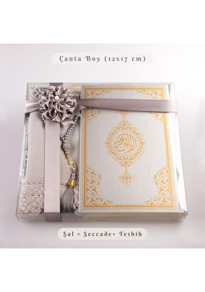 Şal + Tesbih + Kuran Hediye Seti Çanta Boy, Standart Cilt, Gri