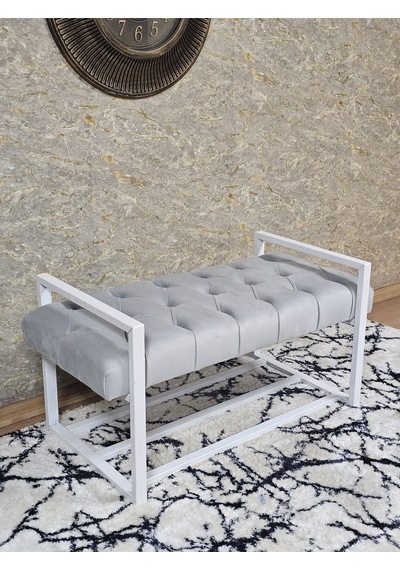 Zafir Beyaz Boyalı Metal 80 Cm Puf Bench - Antre Puf - Hol Bench - Puf - Oturak - Bench Gri