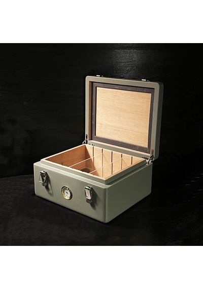 Mezmob İspanyol Sedir Humidor Puro Kutusu Baskı Kilitli Fitilli Haki Yeşil Lake Boya Analog