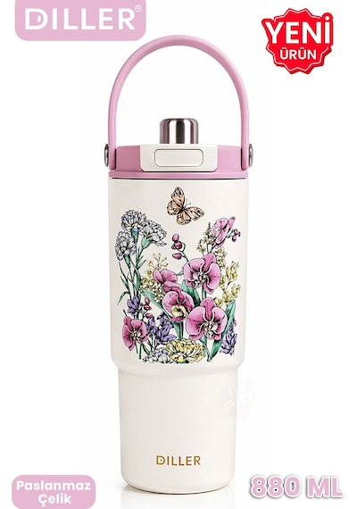Dıller Tumbler 880 Ml Tek Kapak Çift Kullanım Pipetli/pipetsiz Taşıma Kulplu Çelik Termos-ffd9505-880ml Mor