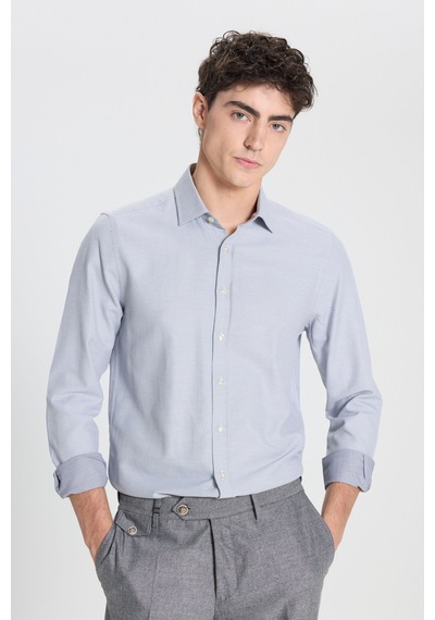 AC&Co / Altınyıldız Classics  Erkek Beyaz Lacı Pamuklu Slim Fit Dar Kesim Klasik Yaka Armürlü Gömlek Beyaz Lacı