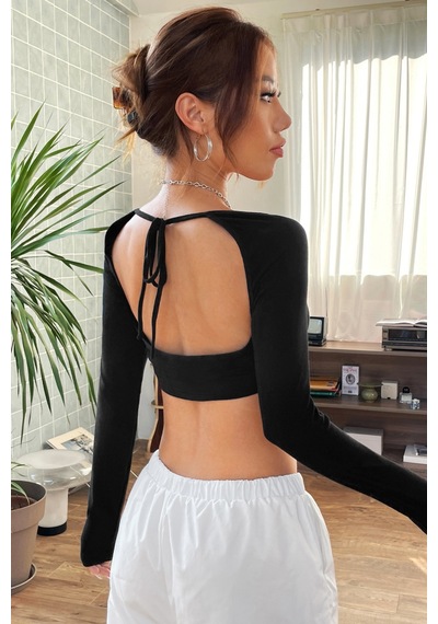 Angbutik Kadın Siyah Uzun Kol Göğüs Ve Sırt Dekolteli Crop Top Bluz
