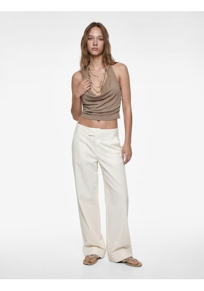 Koton Kolsuz Degaje Yaka Slim Fit Crop Bluz Bej 6sal30005ık Ekru