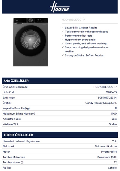 Hoover HGD 411BL10GC-17 11 KG 1400 Devir Çamaşır Makineleri Siyah