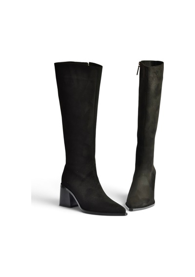 Fox Shoes Z308106002 Siyah Süet Kalın Topuklu Kadın Çizme