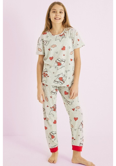 Siyah İnci Kız Çocuk %100 Pamuk Kedi Kalp Baskılı Bisiklet Yaka Pijama Takım25110053 Gri