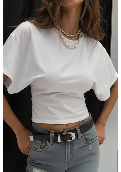 Kadın Beyaz Yarasa Kol Belden Oturtmalı Pamuklu T-shirt Beyaz
