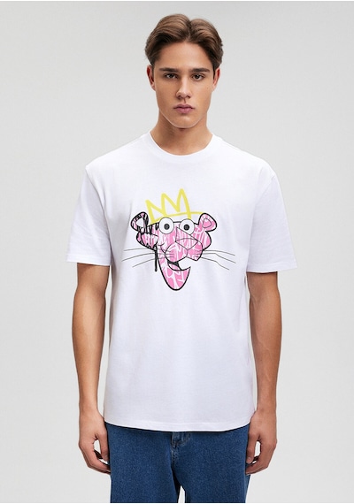 Mavi Pembe Panter Baskılı Beyaz Tişört Loose Fit / Bol Rahat Kesim 0612299-620 Beyaz-620