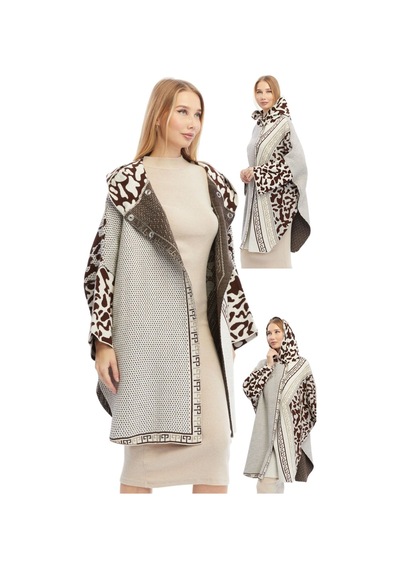 Kadın Büyük Bedene Uygun Kapüşonlu Kışlık Kalın Leopar Desenli Panço Leopar Krem