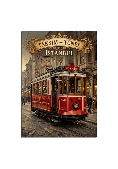 Taksim Tünel Ve Kırmızı Tramvay İstanbul Sokak Dekoratif Kanvas - Mdf Ahşap Tablo Çok Renkli