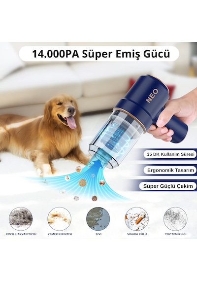 Kablosuz Araç İçi Süpürge 14.000PA Güçlü Emiş Fırçasız Motor 3800MAH Batarya Filtre