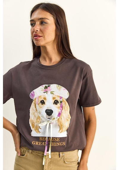 Shade Kadın Baskı Ve Payet Detaylı Fiyonklu Basic T-shirt 7643 60286115 - Kahverengi