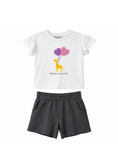 Baby Lory Kids Store Kız Çocuk Şortlu Takım Gri - Beyaz