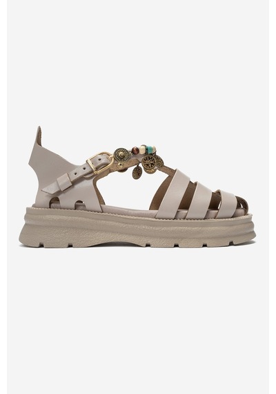 Luvi Shoes Solıs Krem Hakiki Deri Boncuklu Kadın Sandalet