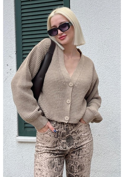 Madmext Vizon Uzun Kollu Düğmeli Crop Hırka Mg2198 VIZON