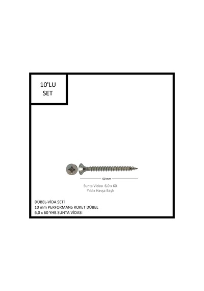 Dübel-vida Seti, Performans Roket Dübel 10 Mm, 6,0x60 Yhb Sunta Vidası, 10 Adet