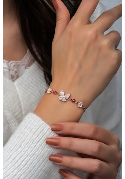 Papatya Silver Kelebek Papatya Uğur Böceği Renkli Mineli Rose Gold Kaplama 925 Ayar Gümüş Bileklik - UVPS200155