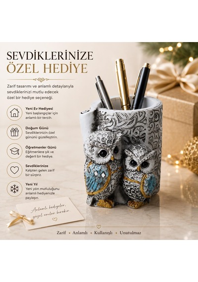 Lüks İşlemeli Aynalı Baykuş Kalemlik Biblo Dekoratif Heykel Ev Ofis Masa Dekoru Hediyelik 9 X 7 Cm 9 - 11 Cm