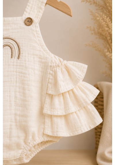 Mnk Baby & Kids Gökkuşağı Detaylı %100 Pamuk Müslin Bebek Tulum M00852 ekru