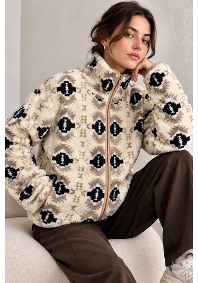Bbbutikbasic Dik Yaka Yarım Fermuarlı Desenli Polar Sweatshirt My3535 Etnik