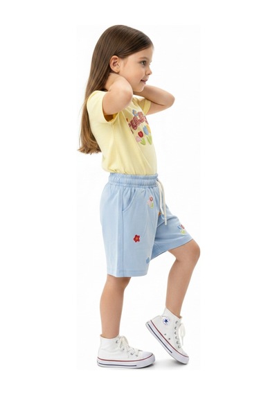 Toontoy Kids Toontoy Kız Çocuk 2'li Şortlu Takım Bisiklet Yaka Kısa Kollu Baskılı Tişört Beli Bağlamalı Baskılı Şort 25034 Açık Sarı
