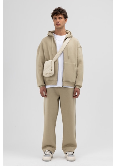 Vamos Basic Fermuarlı Oversize Kapüşonlu Sweatshirt Haki