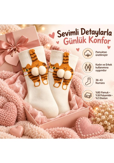 Genel Kadın Krem Turuncu Kedi Desenli Ponponlu Soket Çorap Seti Kedi Figürlü Eğlenceli Ço Krem / 36-40