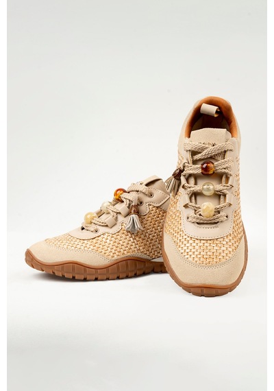 Tw Tonny White Tokyo - 193-1 Kadın Hasır Sneaker Süet Detaylı Boncuklu Calla Bej