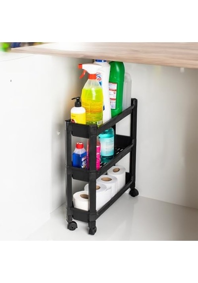 Çok Amaçlı Siyah 3 Katlı Tekerlekli Dikdörtgen Banyo Raf Ünitesi Diğer