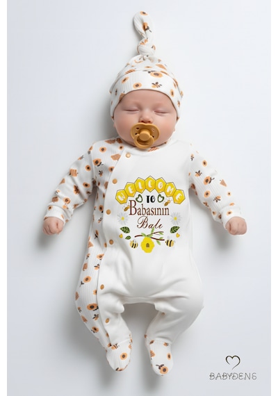 Babyden's Babasının Balı Yazılı Yenidoğan Bebek Tulumu Şapka Seti Arı Desenli %100 Pamuk Unisex Bebek Tulum Ekru - Sarı