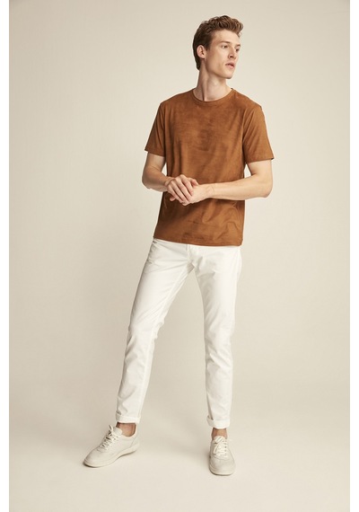 Grimelange ENZO Kahverengi Suet Erkek Basic Slim Fit T-shirt