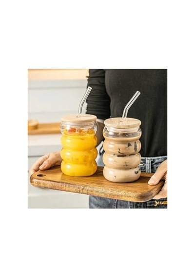 2 Adet Şeffaf Cam Pipetli Ahşap Kapaklı Isıya Dayanıklı Şeritli Boğumlu Bardak Kahve Ve Meyve Suyu İçin Aeropress