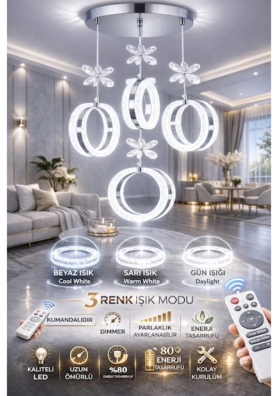 Alya 4lü Krom Plafonyer Kumandalı 3 Renk Led Secenekli Salon Mutfak Oturma Odası Avize Krom - Gümüş