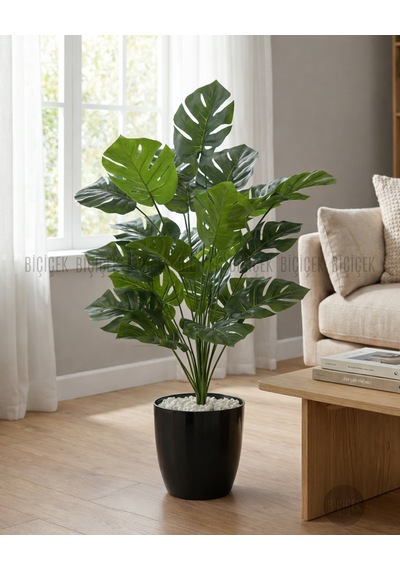 Biçiçek Yapay Monstera Deve Tabanı Yakut Saksıda Siyah