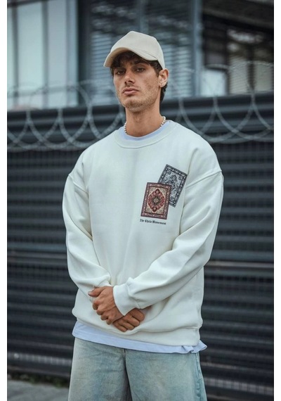 Barlashive Erkek 3 İplik Pamuklu Bisiklet Yaka Baskılı Sweatshirt - Beyaz Çok Renkli