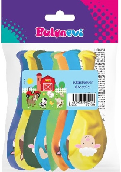 Çiftlik Hayvanları Baskılı Balon 8 Adet Çok Renkli