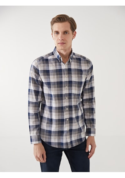 Lcwaıkıkı Classic Bej Regular Fit Uzun Kollu Ekose Poplin Erkek Gömlek