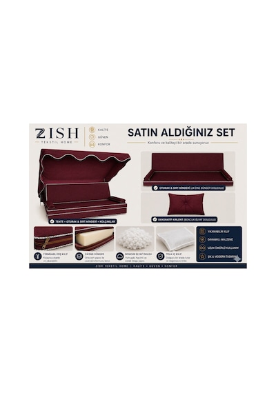 Zishtekstil Keten Kumaş Süngerli Gölgelikli 2 Kişilik Salıncak Minderi 8 Cm Bordo