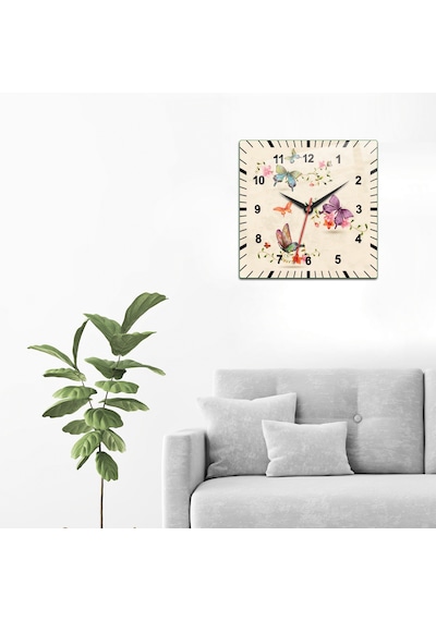 Cam Duvar Saati Çiçek Desenli Krem Fon 32cm X 32cm Çiçek